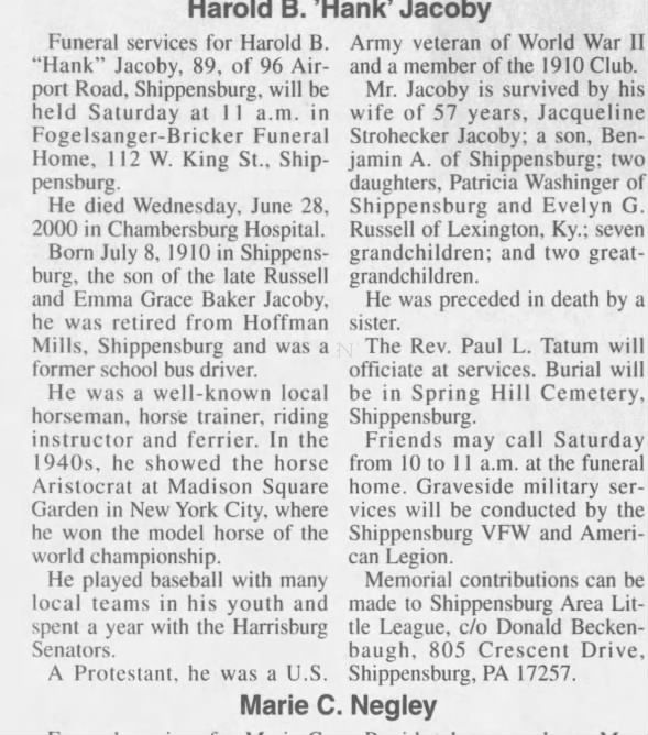 Obituary for Harold B. Jacoby, 1910-2000 (Aged 89)